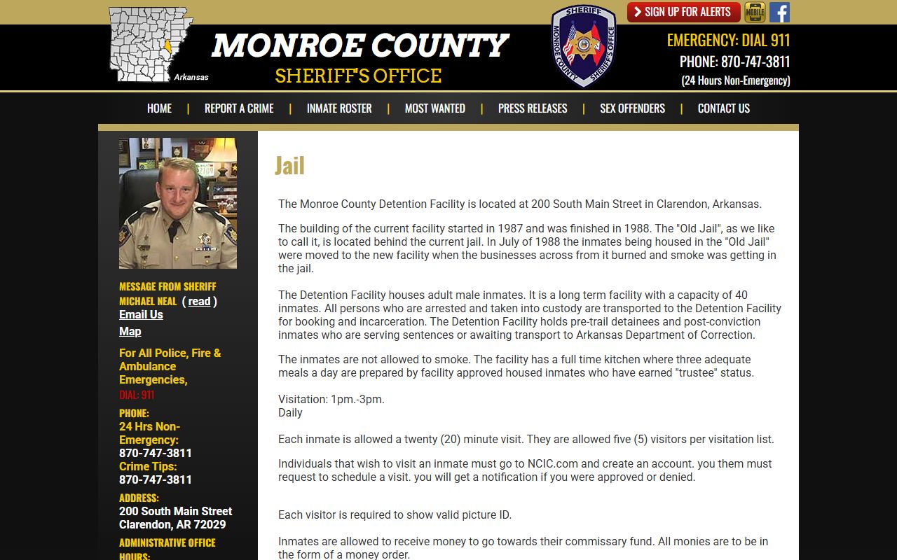 Monroe County Detention Facility jail page with capacity visitation and county jail details